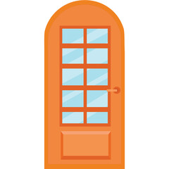 Orange arched wooden door with glass panes and metallic handle isolated on white background simple design interior element graphic illustration