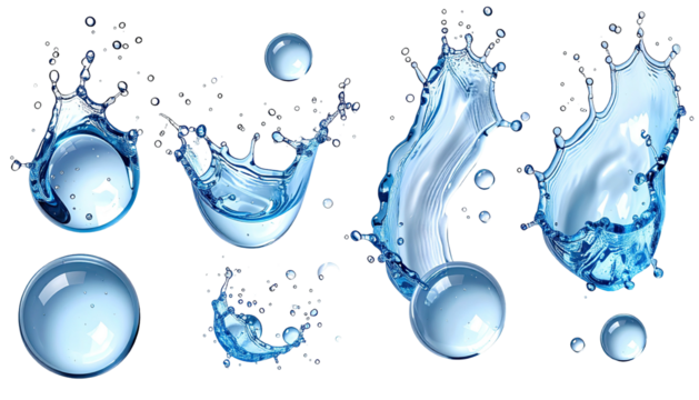 Water splash, bubbles, and droplet collection on a black background