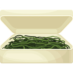 Open cream colored takeout container filled with green strands of seaweed on a transparent background.
