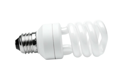 Compact fluorescent lightbulb, spiral shape, against black