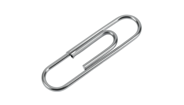 Simple, shiny silver paperclip floating against black background