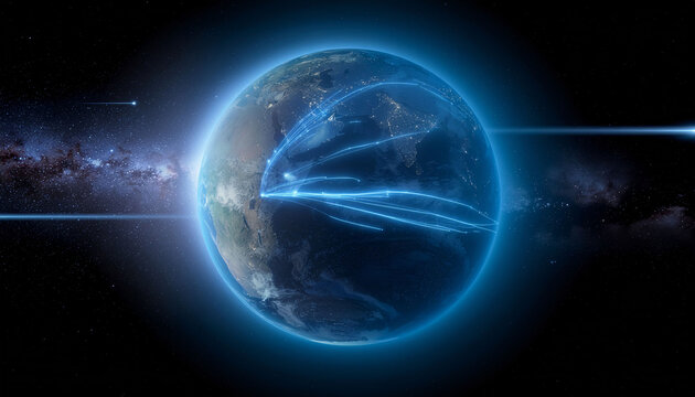 Global connectivity concept showing Earth with luminous blue network lines spanning continents, symbolizing digital communication and worldwide data flow.