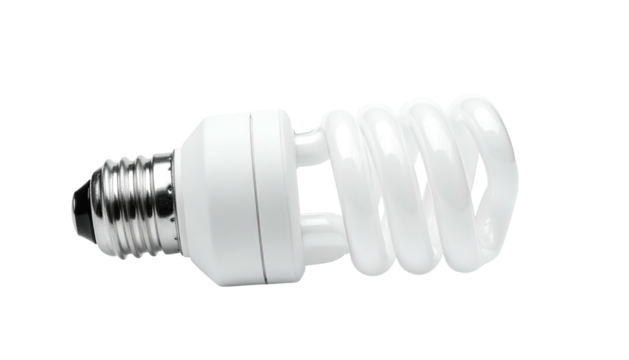 Compact fluorescent lightbulb, spiral shape, against black