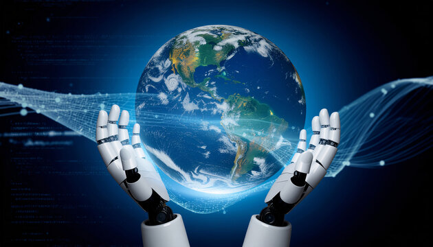 Global AI transformation, robotic hands holding holographic Earth, digital data waves surrounding it.