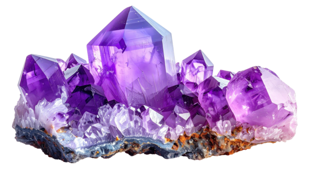 Purple amethyst crystal cluster, dark base, transparent facets
