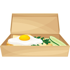 Open light brown cardboard takeout container filled with a fried egg on toast with green herbs and sliced cucumber with a transparent background