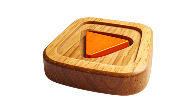 Wooden square play button with orange triangle