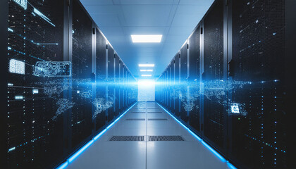 Step into the future with this server room showcasing powerful data infrastructure and global connectivity, ideal for tech, innovation, and cybersecurity designs