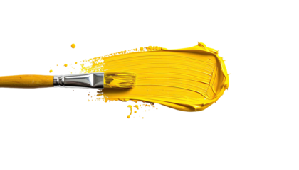 Brushstroke of bright yellow paint applied with a loaded brush