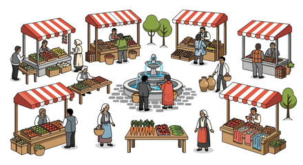Outdoor market scene with stalls vendors customers and a fountain at the center