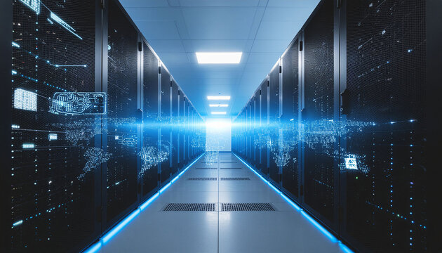 Step into the future with this server room showcasing powerful data infrastructure and global connectivity, ideal for tech, innovation, and cybersecurity designs
