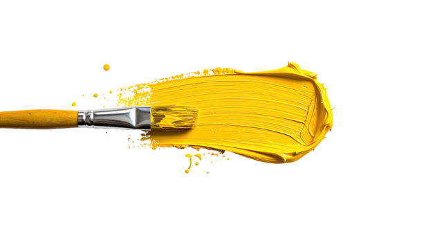 Brushstroke of bright yellow paint applied with a loaded brush