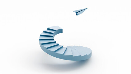 Paper plane launching upward from spiral stairs, concept of creativity, ambition, innovation, progress, freedom and new beginnings, 3d render