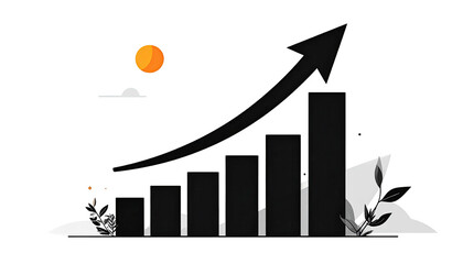 Rising black chart, arrow up, sun, simple graphic illustration