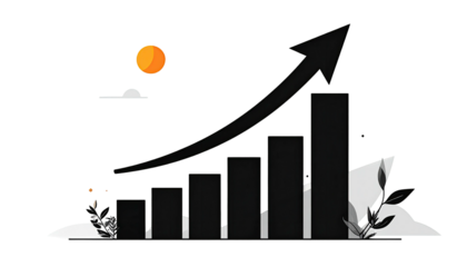 Rising black chart, arrow up, sun, simple graphic illustration