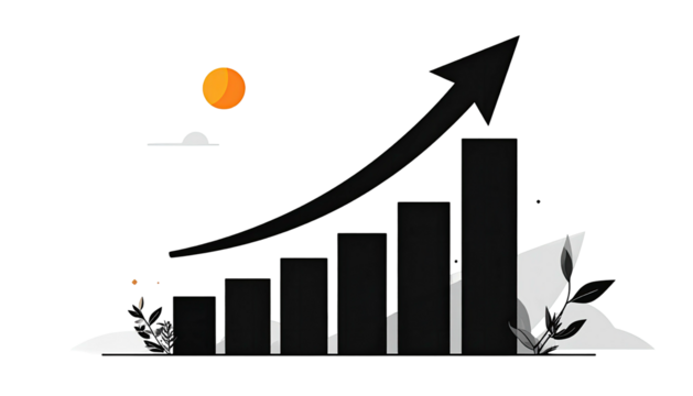 Rising black chart, arrow up, sun, simple graphic illustration