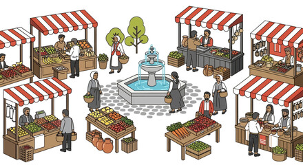 Lively market scene with vendors stalls produce and a central fountain