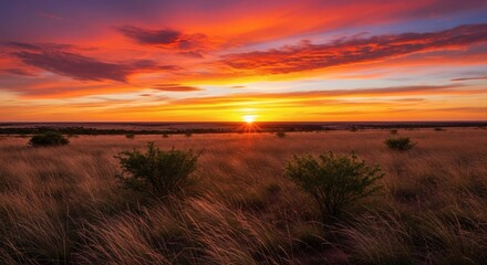 Vivid sunset over a field with dry grasses and scattered bushes, vibrant colors filling the sky