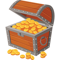 Open Treasure Chest Filled with Golden Coins and Scattered Around on a Transparent Background