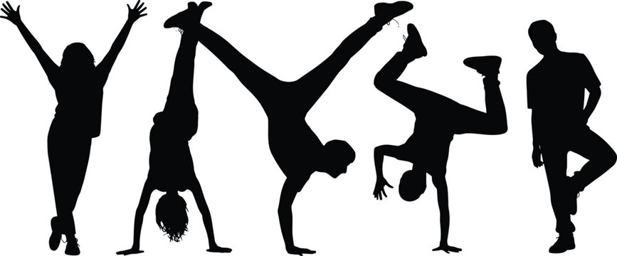 Black silhouettes of people performing acrobatic dance moves