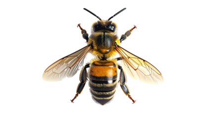 Honeybee, golden thorax, striped abdomen, spread wings, closeup