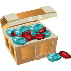 Open Wooden Treasure Chest Filled with Blue Gems and Red Jewels on Transparent Background
