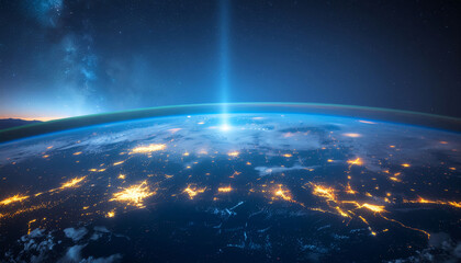 Stunning view of Earth from space at night showcasing glowing city lights under a starry sky with a bright beam of light emanating from the horizon
