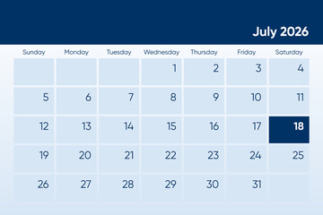 18 July 2026 calendar day design. It shows 2026 July 18 date calendar page