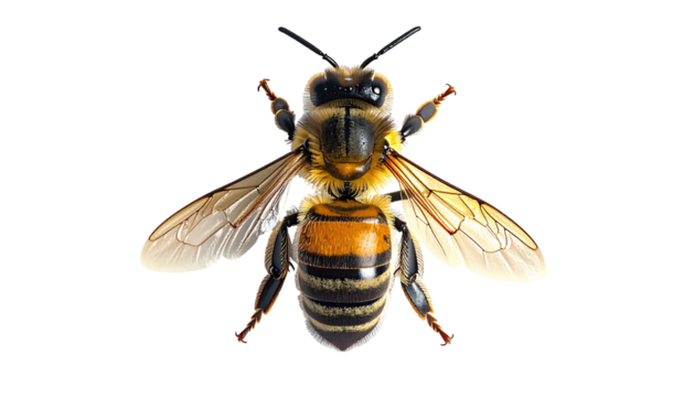 Honeybee, golden thorax, striped abdomen, spread wings, closeup