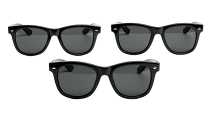 Three black square sunglasses arranged symmetrically