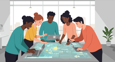 Diverse Team Analyzing Data on Interactive Table.