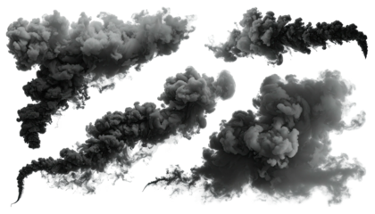Voluminous dark smoke plumes drift against a solid black background