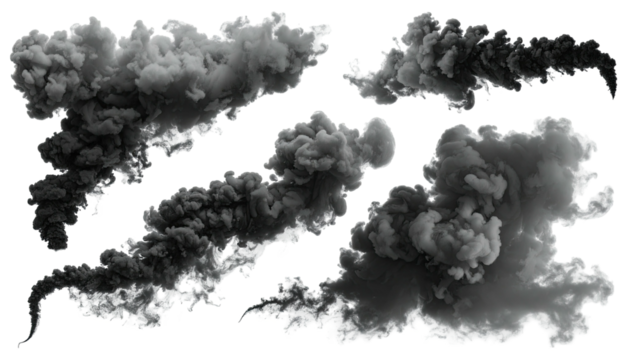 Voluminous dark smoke plumes drift against a solid black background