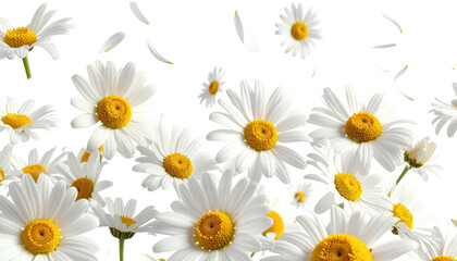 Daisies cluster, some floating, against a dark background
