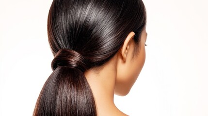 Obraz premium Woman showing healthy shiny brunette hair ponytail