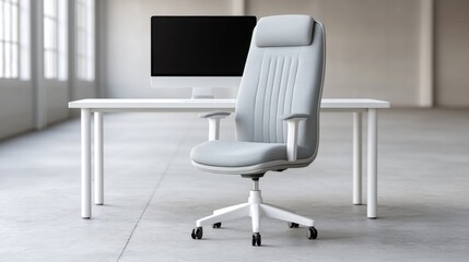 Obraz premium Ergonomic Office Chair with Comfortable Design and Modern Look, Placed Near White Desk with Computer Monitor in Bright Workspace
