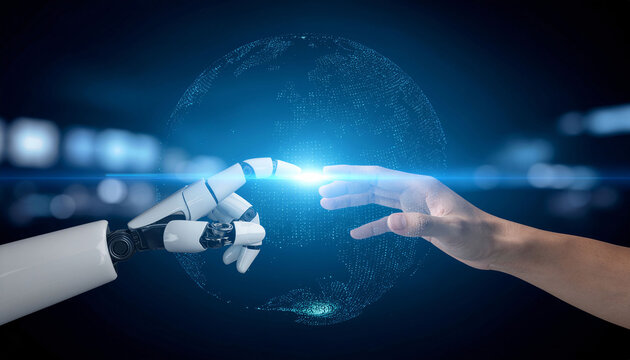 Futuristic robotic hands shaping holographic data patterns, representing AI creativity and digital control - Powered by Adobe