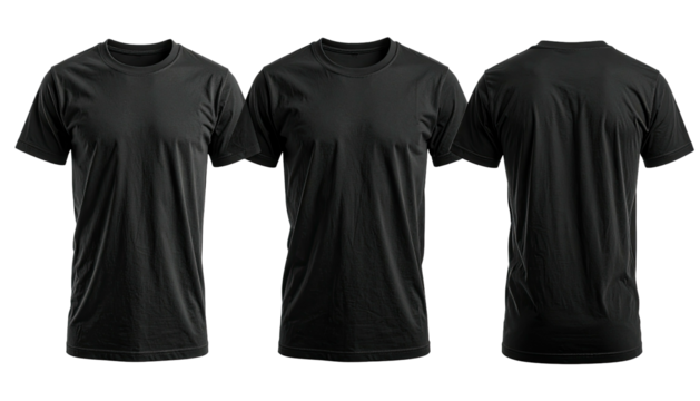 Three black, basic t-shirts from front, angled, and back views