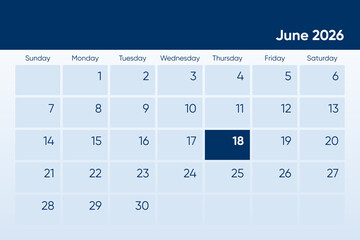 18 June 2026 calendar day design. It shows 2026 June 18 date calendar page