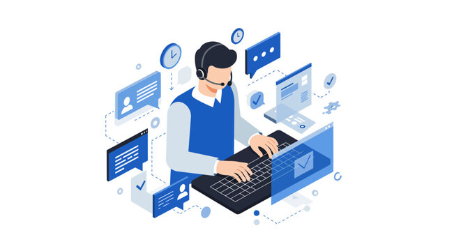 Isometric Customer Service Representative Working on Computer.