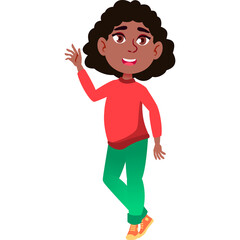 Happy Young Girl With Curly Dark Hair Waving Hello Wearing A Red Long Sleeved Shirt And Green Gradient Pants On A Transparent Background Full Body Shot