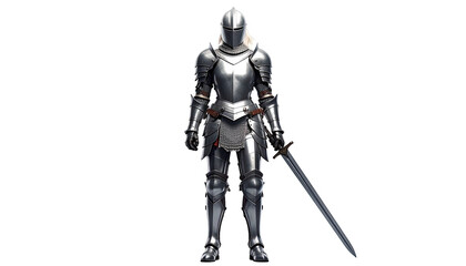 Fototapeta premium Armored knight stands, sword in hand, on a stark black background