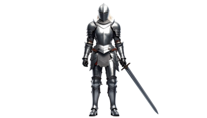Armored knight stands, sword in hand, on a stark black background