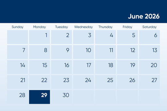 29 June 2026 calendar day design. It shows 2026 June 20 date calendar page