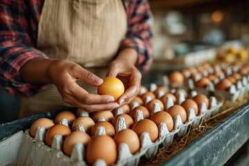 A tray of farm eggs in a chicken coop. A female farmer holds a fresh chicken egg. Concept of eco-friendly products.