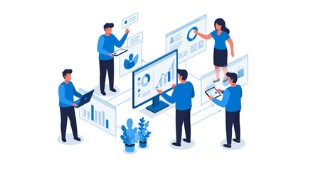 Team Analyzing Data on Computer Screens and Devices.