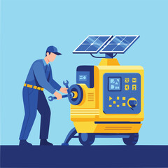 Technician Operating Portable Solar Generator Device.