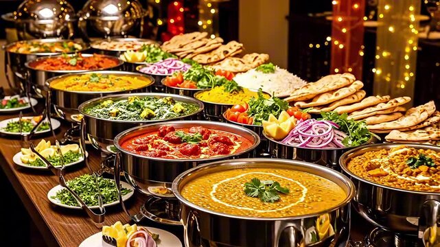 A vibrant and delicious Indian food buffet with a variety of curries, naan bread, and rice.