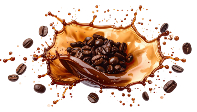 Coffee beans burst with a liquidy splash and surrounding droplets