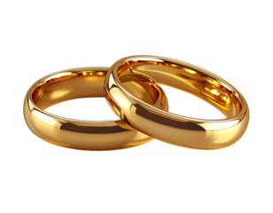 Two gold wedding bands placed flat next to each other on a smooth surface, slightly overlapping edges, gentle studio lighting with a warm glow, high-resolution metal texture, Generative AI